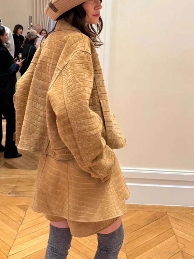 최고급 악어 무늬 디자인 진짜 양가죽 스웨이드 여성 재킷 가을 천연 가죽 코트 시크한 턴다운 칼라 아우터웨어