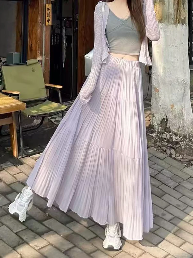 

Новые летние шифоновые плиссированные юбки для женщин: корейский стиль, высокая талия, повседневные, модные, свободные, универсальные, А-силуэт, миди