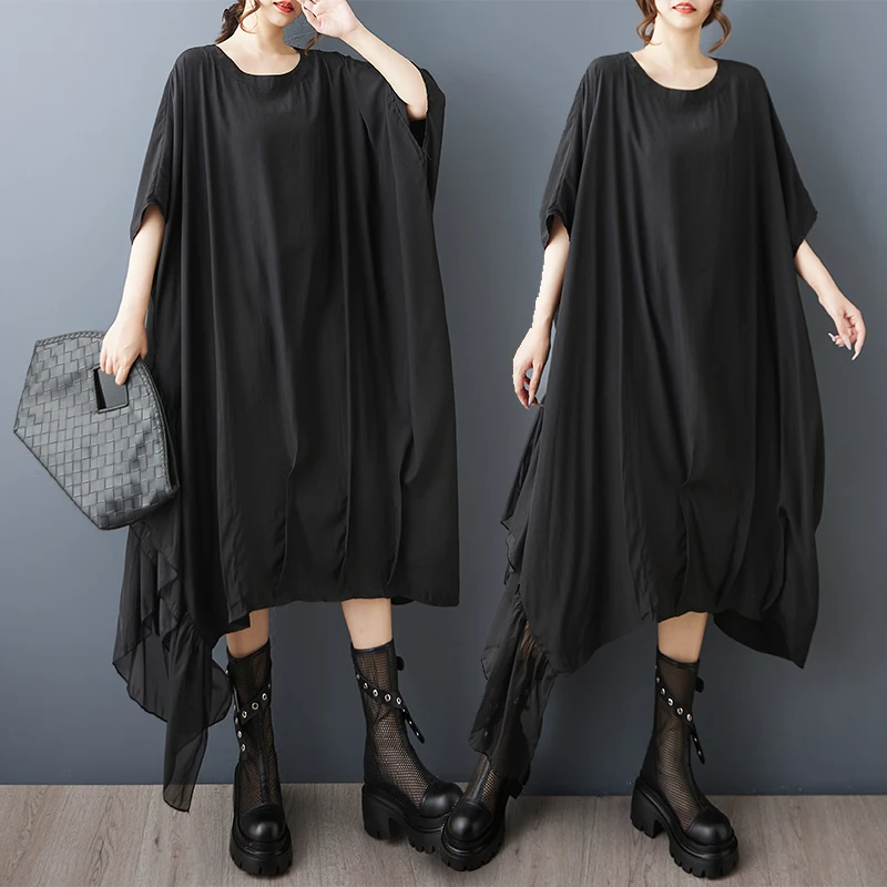 

Летняя мода больших размеров Dr Splice Irregular Batwing Sve Высокая талия Полиэфирное волокно Casual Sle круглый Ne ort Sve