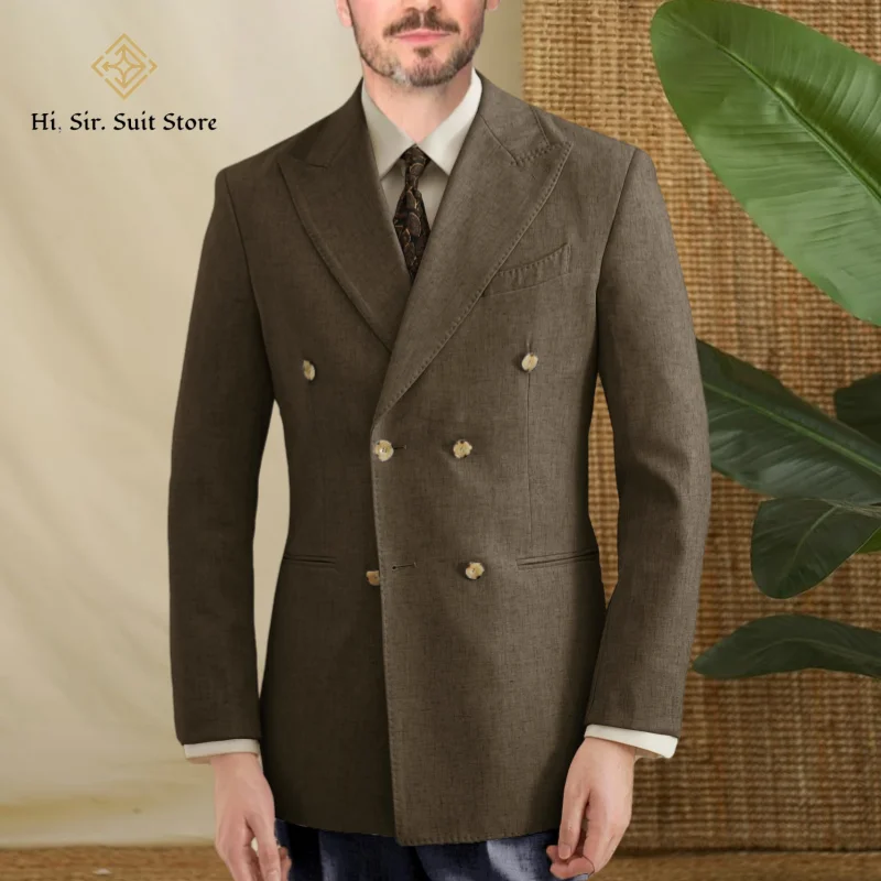 

Men's Blazer Jacket Cotton Linen Sports Coats Regular Fit Double Breasted Suit Jackets Peak Lapel Slim Tuxedo for Wedding Prom