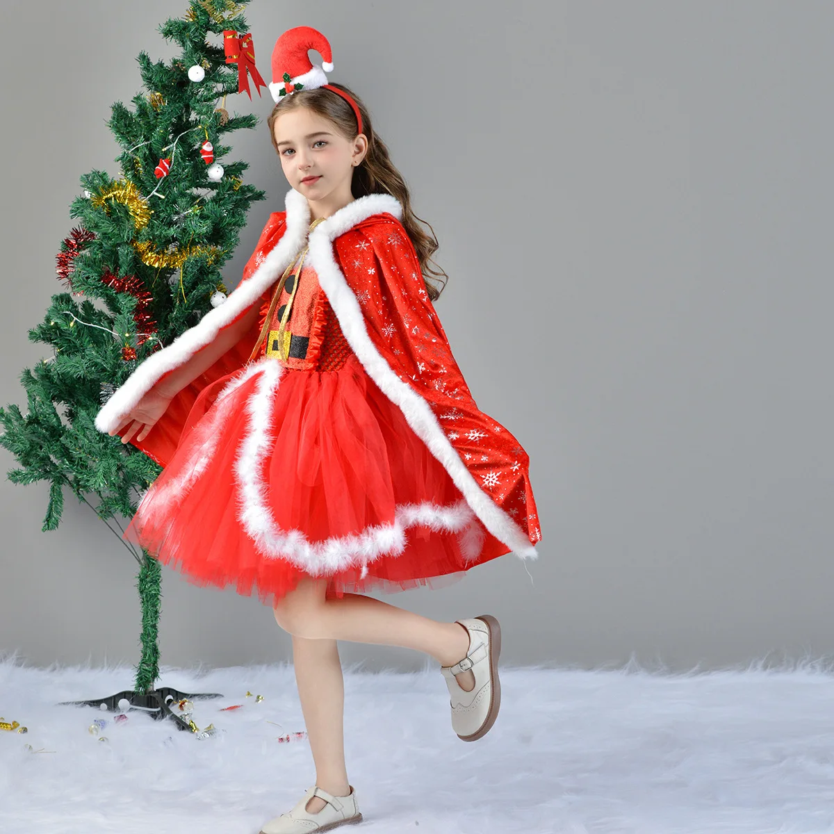 New Christmas Tutu Dress Plush Red Ruffle Skirt With Headwear Cloak Matching Outfit Stage Performance Holiday Gathering Apparel
