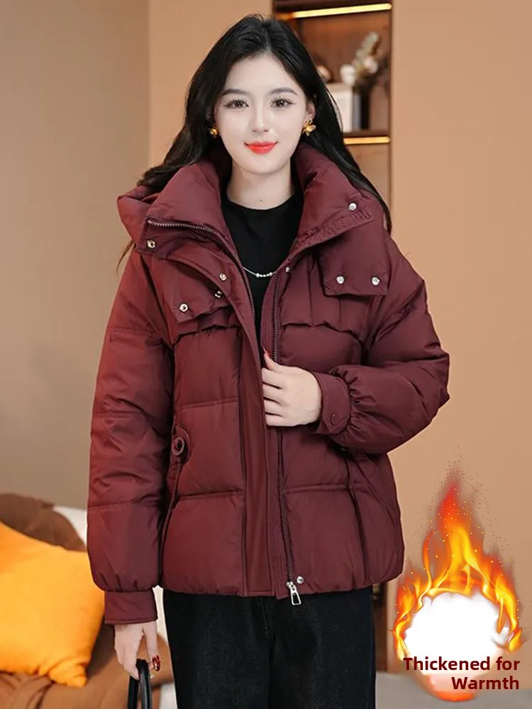 

Women's Thiened down Cotton Jaet Winter New Faion Loose Hooded Warm Bread Sle Coat Korean Sle Long Sve Zipper