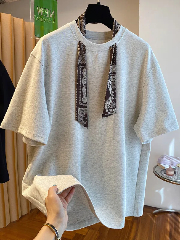 

plus Size Casual Style Cotton T-Shirt Women's Summer Loose Fit Fashionable Half Sleeve Shirt with Scarf Collar Short Sleeve