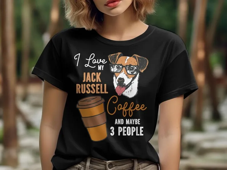 Jack Russell Dog with Coffee Cup Funny Dog Lover T-Shirt Cute Jack Russell Terrier Coffee Shirt Gift for Dog Coffee Lovers