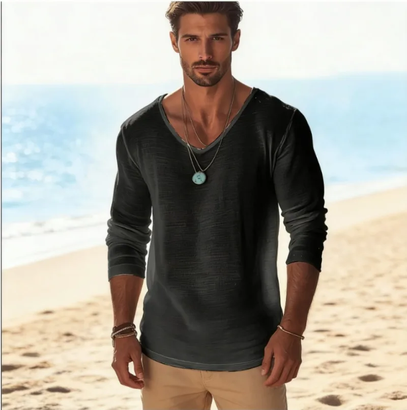 Men's Casual V-Neck Linen Blend Long Sleeve T-Shirt Breathable Lightweight Beachwear for Spring and Autumn Pullover Sweater