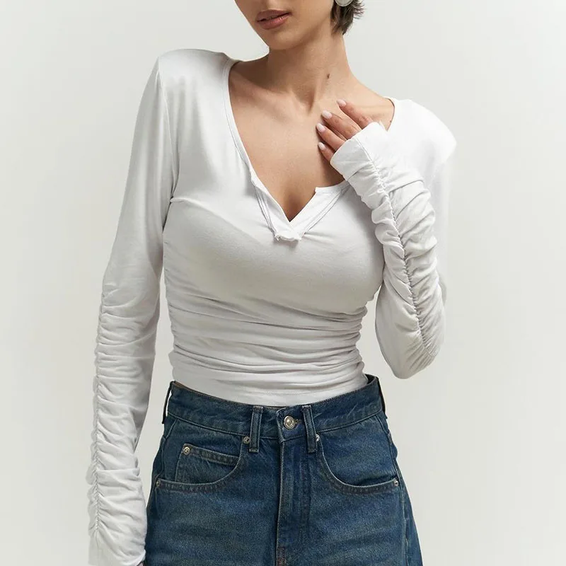 Женские футболки с длинным рукавом, весенне-осенние узкие эластичные футболки с v-образным вырезом, женские однотонные тонкие топы, шикарные уличные плиссированные пуловеры