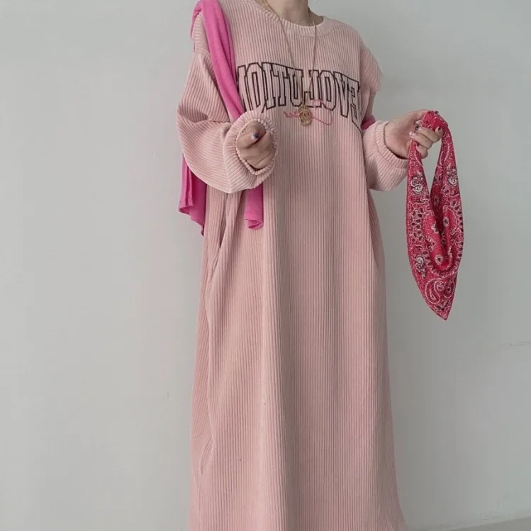 

MiiiiX Korean Style Casual Long Dress Women Autumn Pullover 2024 New Plus Size Letter Print Loose Corduroy Dress Female Clothes