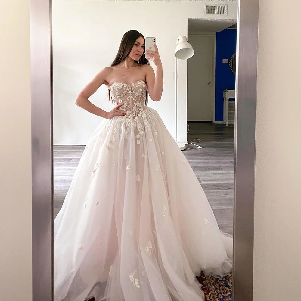 

Off the Shoulder Applique Wedding Dress for Bride A-line Court Tulle Pleated Wedding Gowns Lace up Court robes de mariée