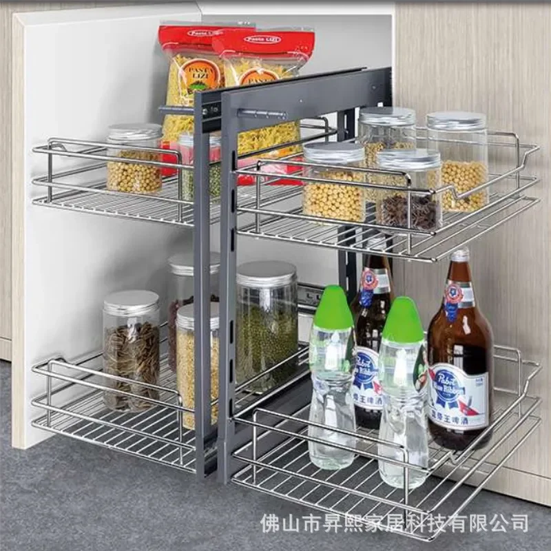 For L Shape Corner Kitchen Cabinet Pull Out Basket Blue Wire Storage Rack Push Pull Drawer Organizer Space Saving Solution