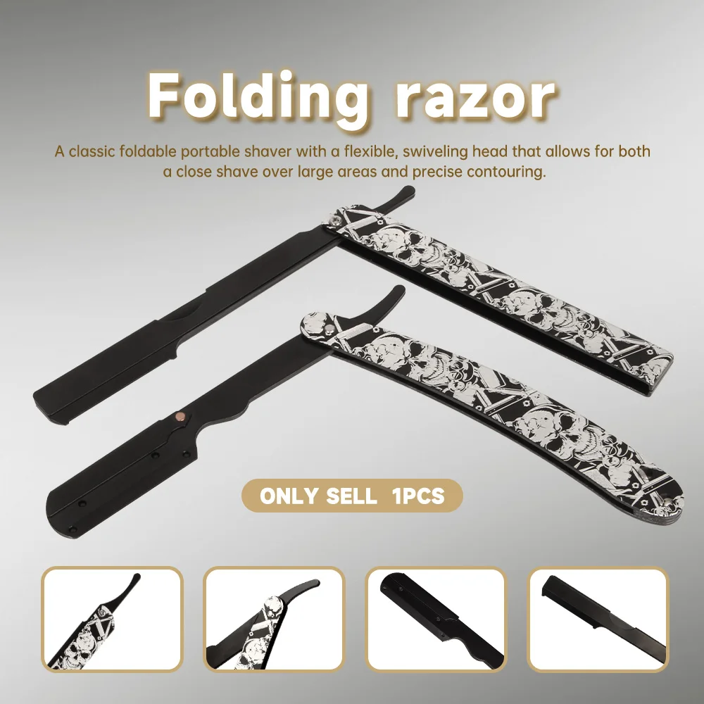 Vintage Skull Art Print Handle Old-Fashioned Razor, Foldable Portable Travel Manual Razor with Replaceable Blades, Men's Hairline and Eyebrow Contour Fine Trimming Tool, Daily Outdoor Grooming and Hairdressing Tool Wholesale