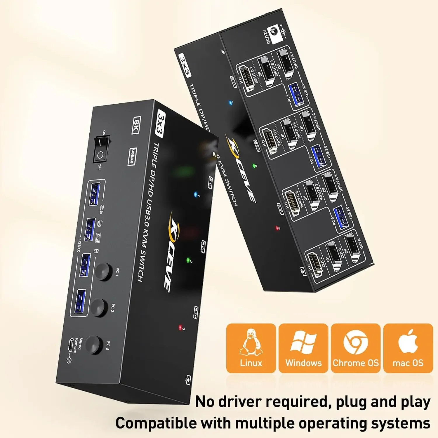 8K KVM Switch 3 Monitors 3 Computers HDMI DisplayPort USB 3.0 DP KVM Switcher 8K@30Hz/4k@144Hz Triple Monitor DP KVM for 3 PC Sh