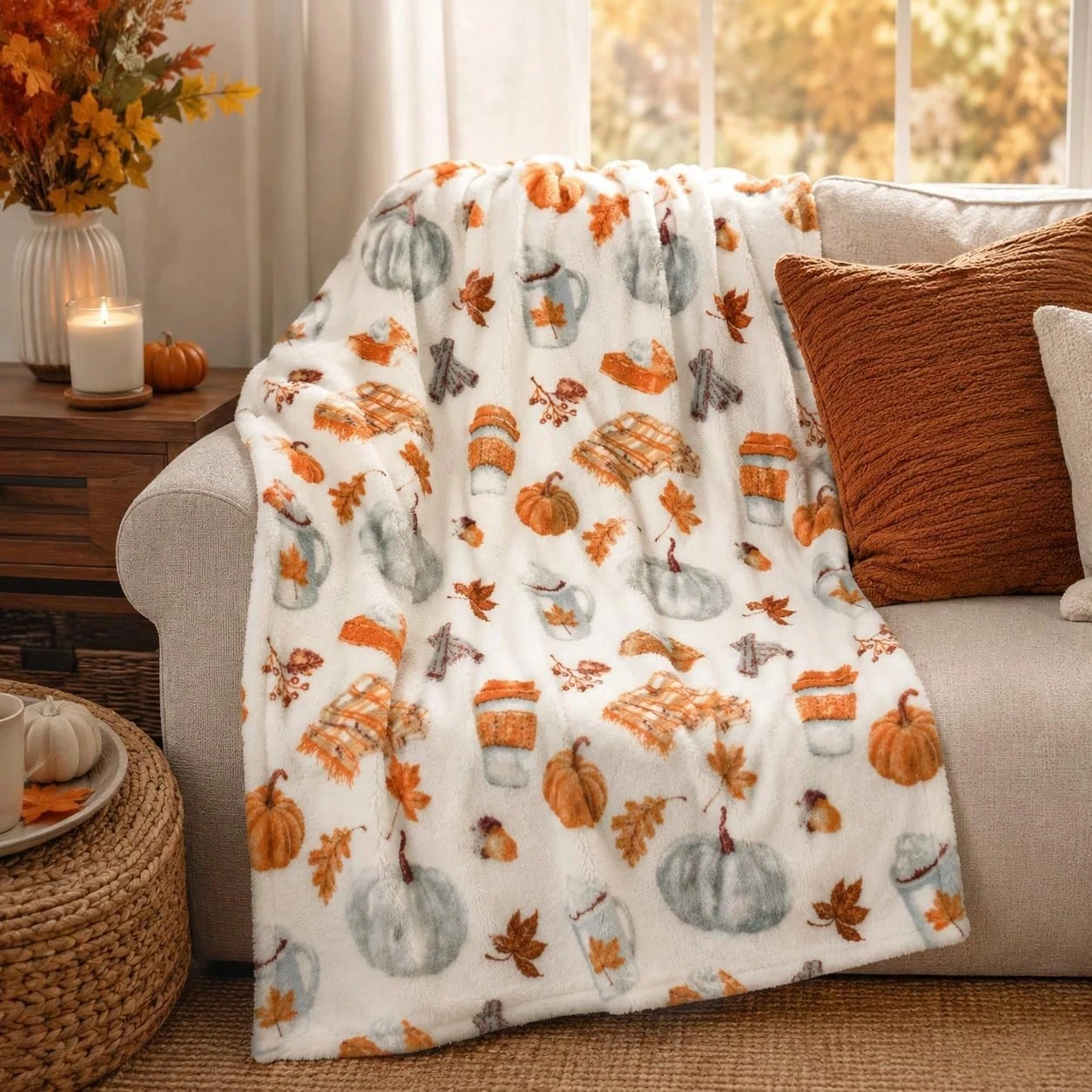 1pc Autumn Pumpkin Maple Leaf Flannel Blanket, All Season Super Soft Warm Throw Blanket for Bedroom Living Room Camping, Thanksg