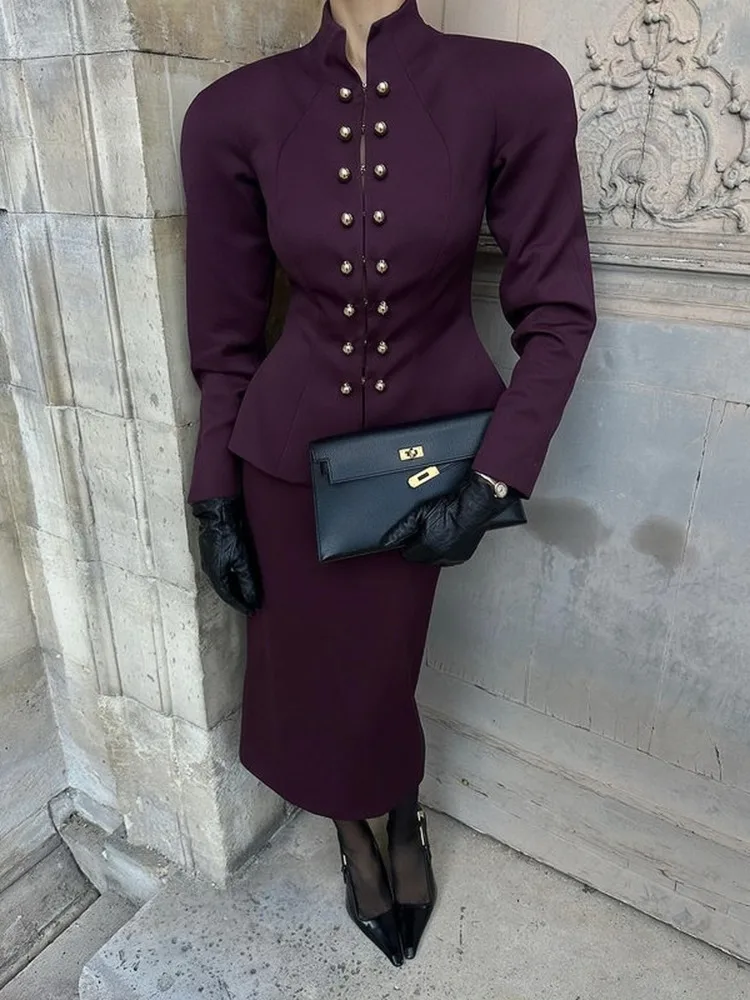 

BJTZ Elegant Style Suit 2025 Early Spring New Series Stand Collar Waist Hidden Hook Buckle Coat High Waist Skirt Two-piece Set