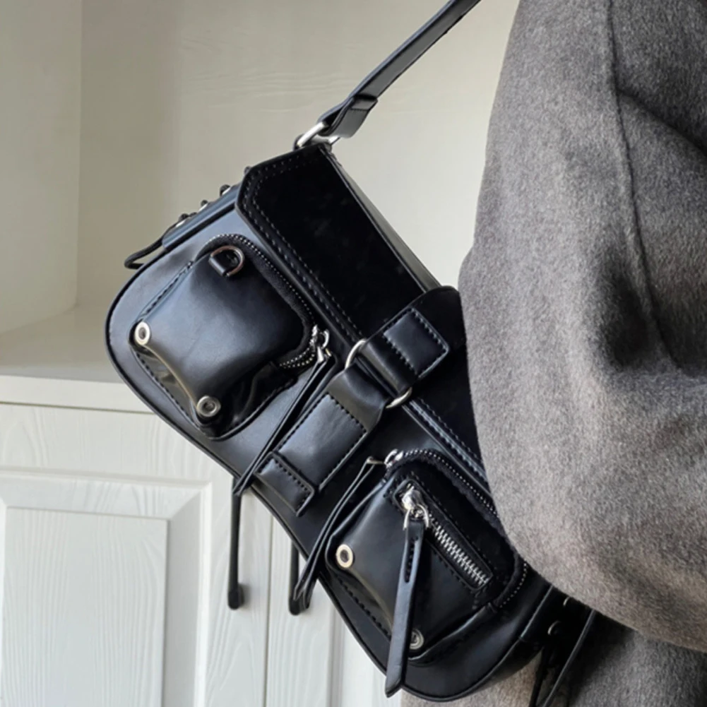 Women Vintage Underarm Bag PU Leather Solid Color Bag Multipocket Y2K Adjustable Strap Female Commute Daily Bag image 3