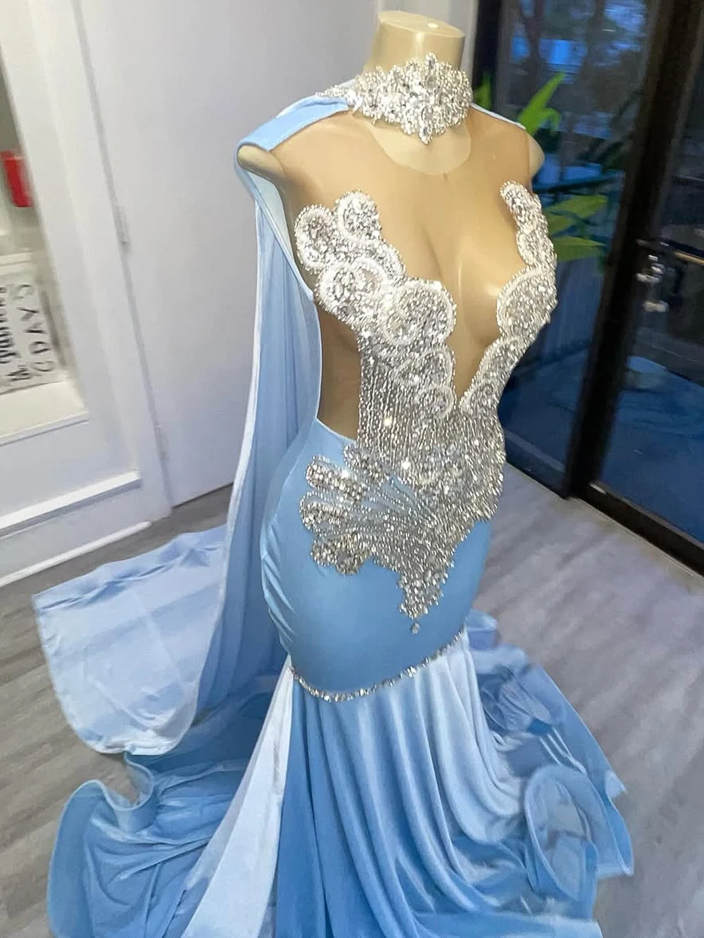 Luxury Sparkly Rhinestones Blue Mermaid Prom Dresses with Cape Black Girls Long Elegant Birthday Prom Party Gala Gown Customized