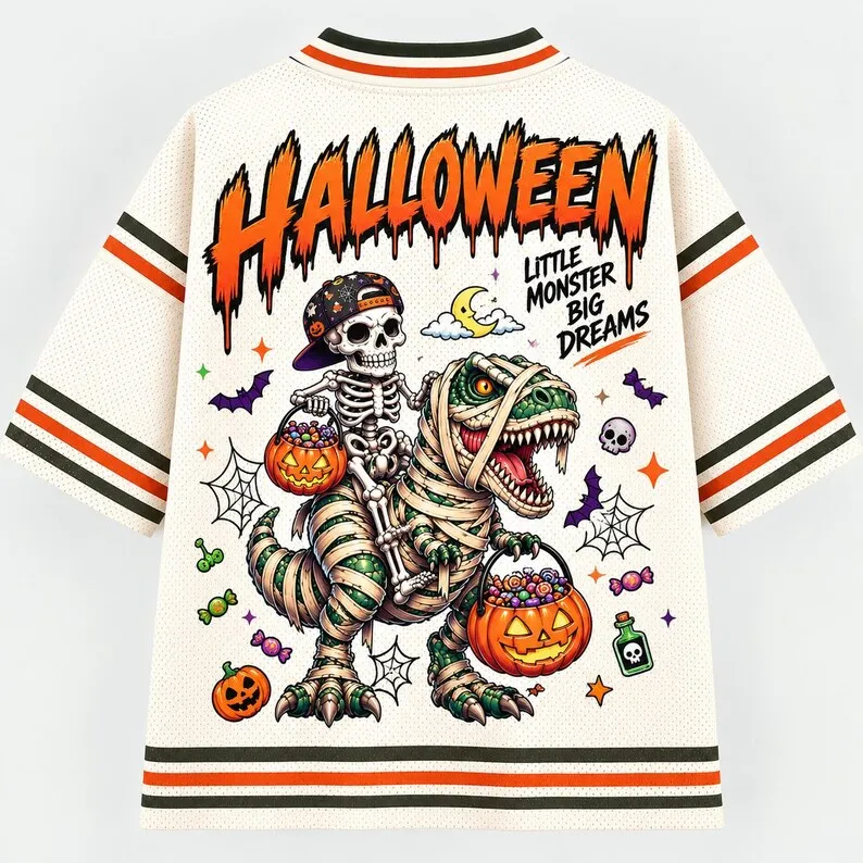 Halloween V-neck Jersey, Skull Riding Mummy Dinosaur Print Short Sleeved Shirt, Trick or Treat Pumpkin Pattern Top