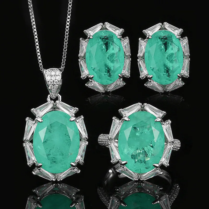

Luxury Oval Cut Paraiba Tourmaline Jewelry for Women Elegant CZ Halo Necklace Earrings Adjustable Ring Bridal Party Fine Gift