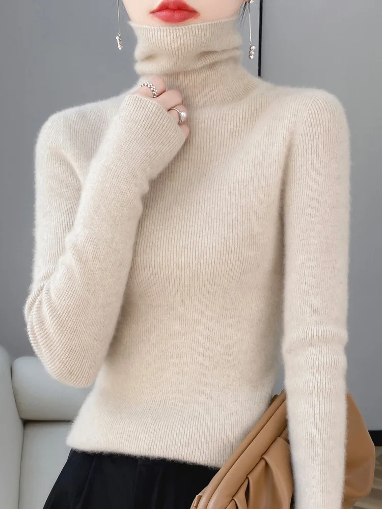 Women's Turtleneck Long Sleeve Cashmere Pullover Sweater Slim Basic Clothing 100% Merino Wool Knitwear Comfort Clothing Tops