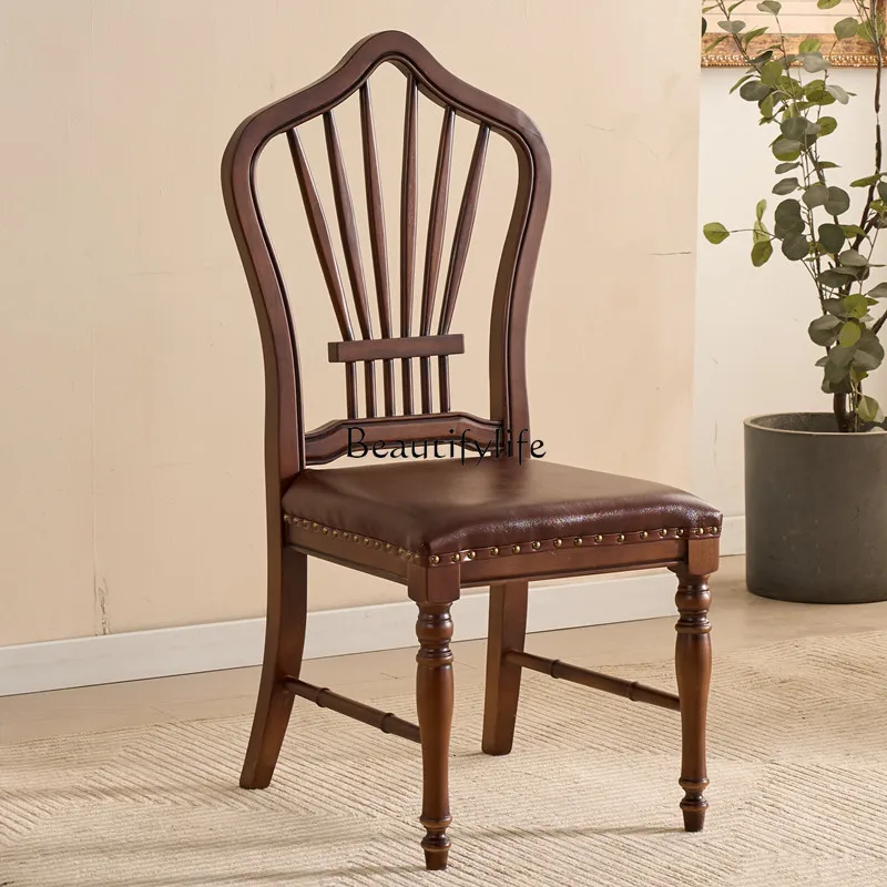 

American retro solid wood dining chair simple casual backrest leather dining table chair