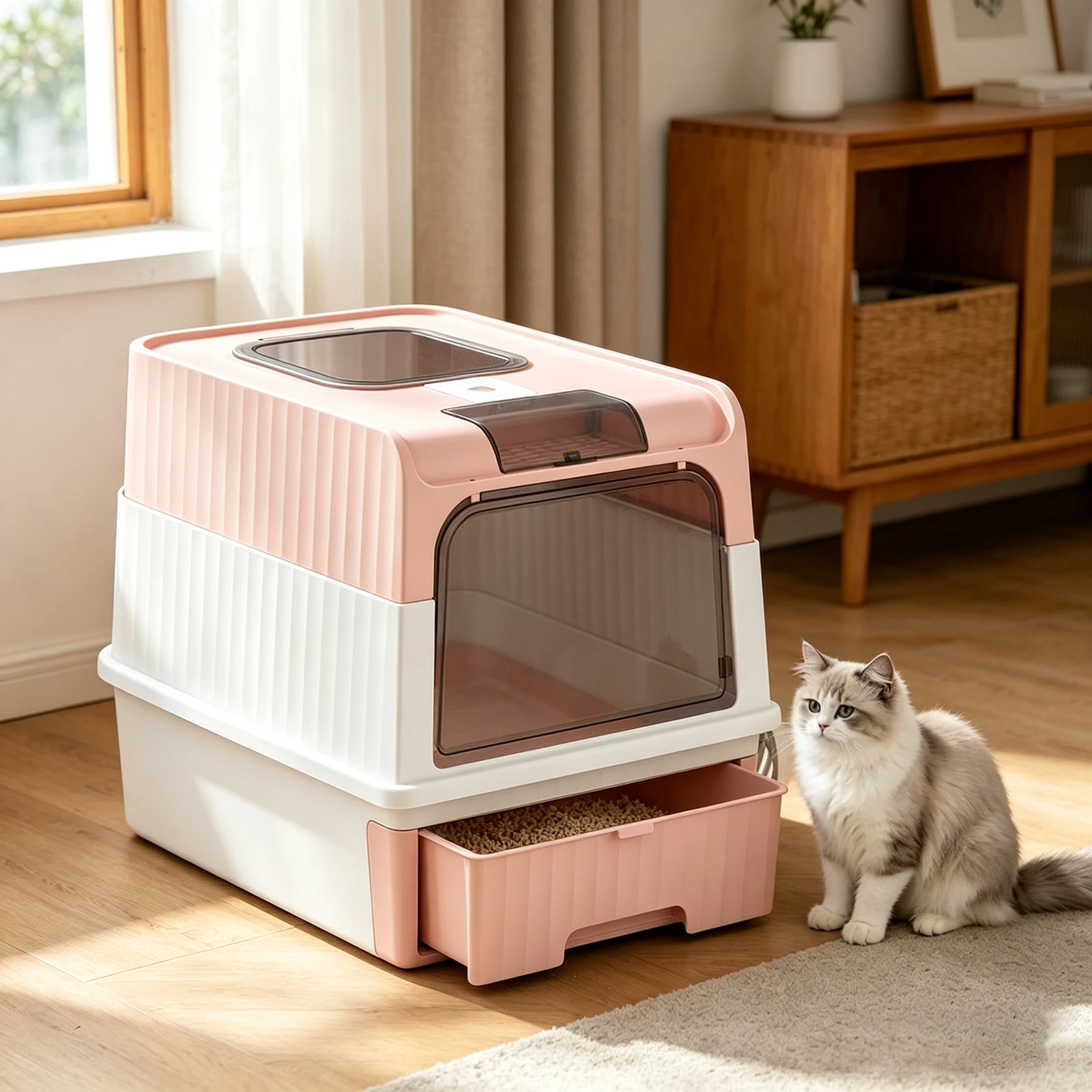 

Portable Collapsible Cat Litter Pan with Splash Guard and Plastic Scoop - Pet Litter Box with Lid, Easy to Clean and Assemble