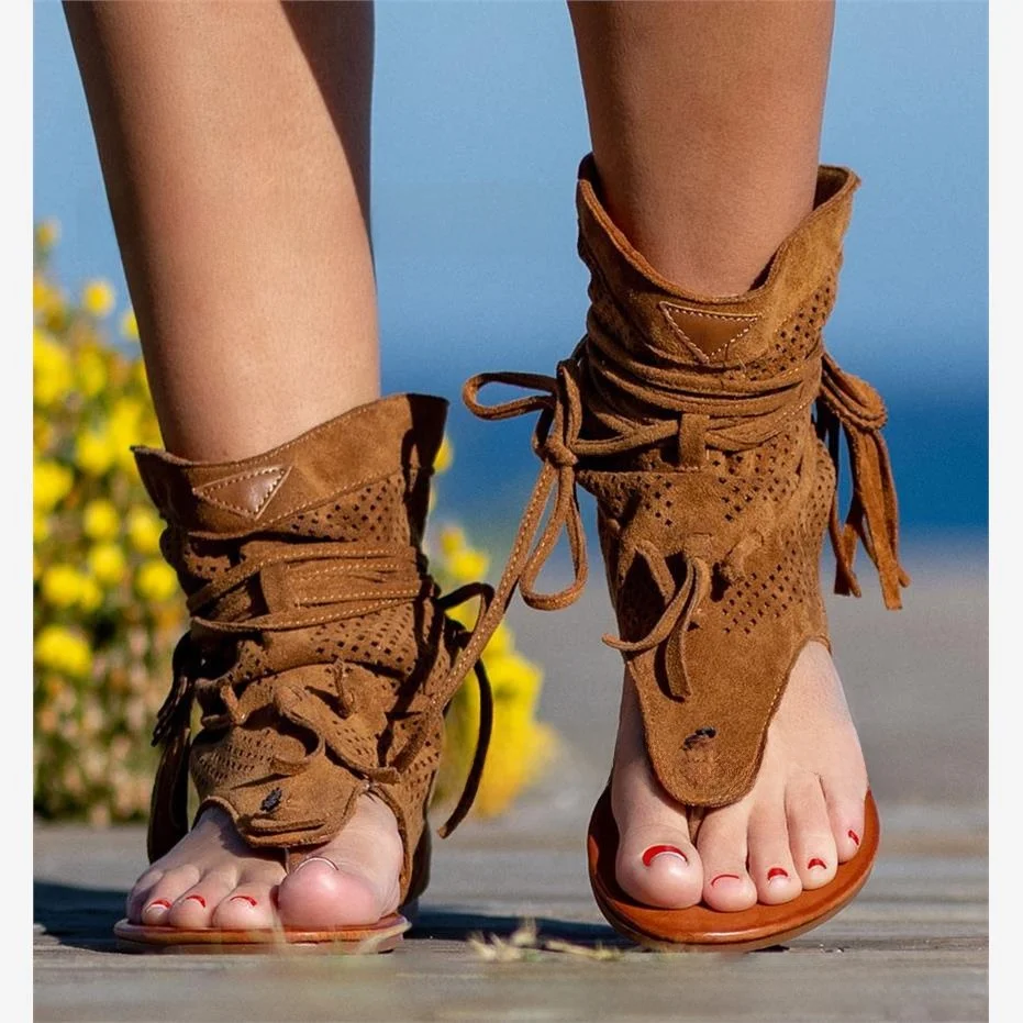 

Large Size Women's Sandals 2023 Retro Flat Bot Tassel Hollow Toe Slippers Cross-Border Faion High-Rise Roman Sle