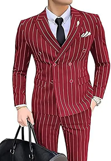 Grey Striped Mens Suits Double Breasted for Wedding Custom Made for Man Costume Groom 2-Pieces Tuxedos Best Man Blazer Pants