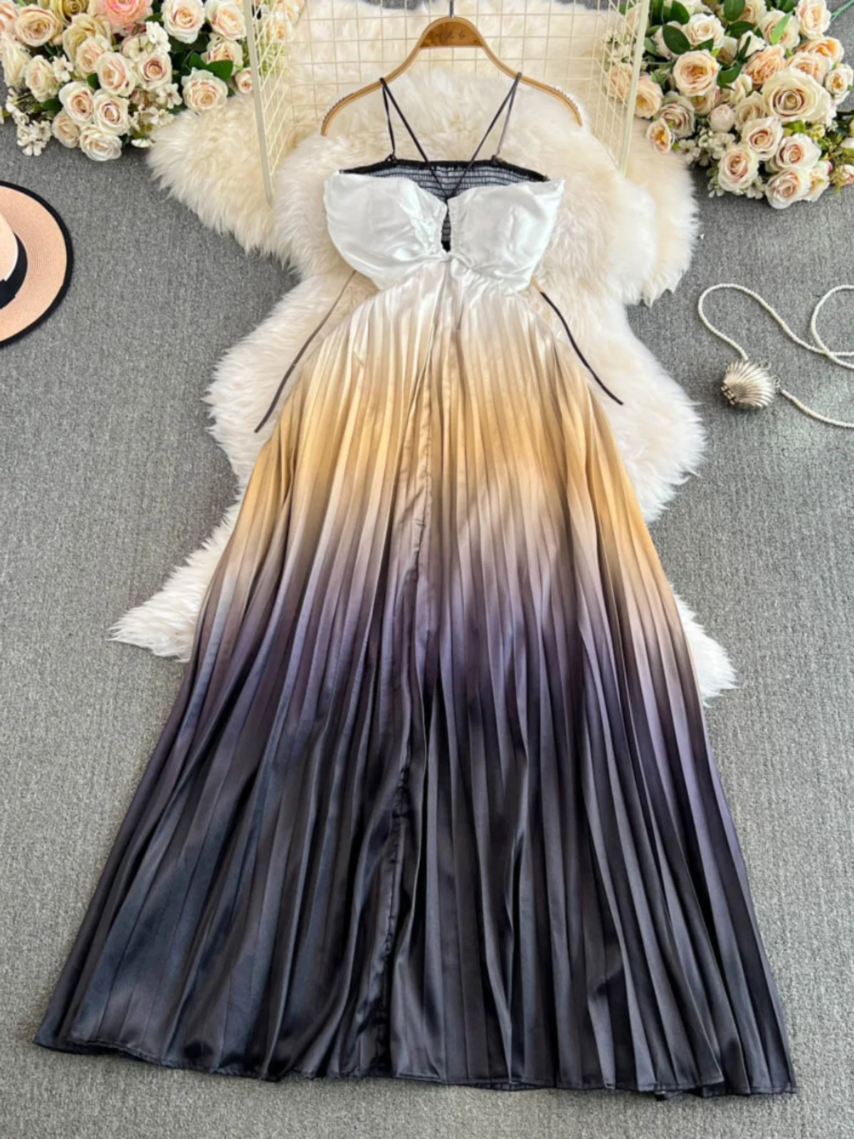 Ofallsis Gradient Color Hanging Neck Pleated Long Dress 2024 Summer New Sexy Beach Vacation Spicy Girl Strapless Dresses Female