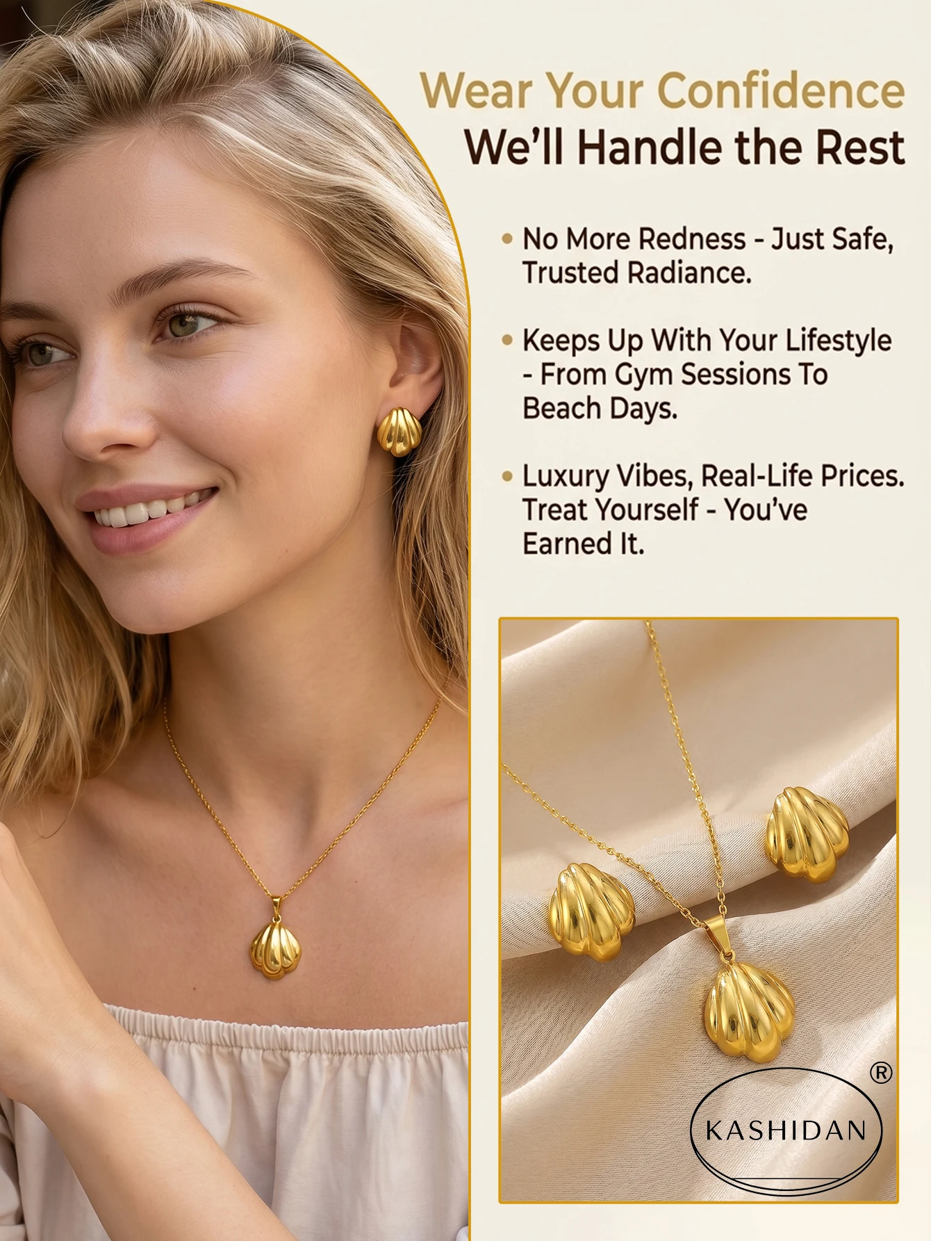 Fashion Stainless Steel Jewelry Set for Women Romantic Scallop Shell Pendant Necklace Textured Sea Stud Earrings Bijoux