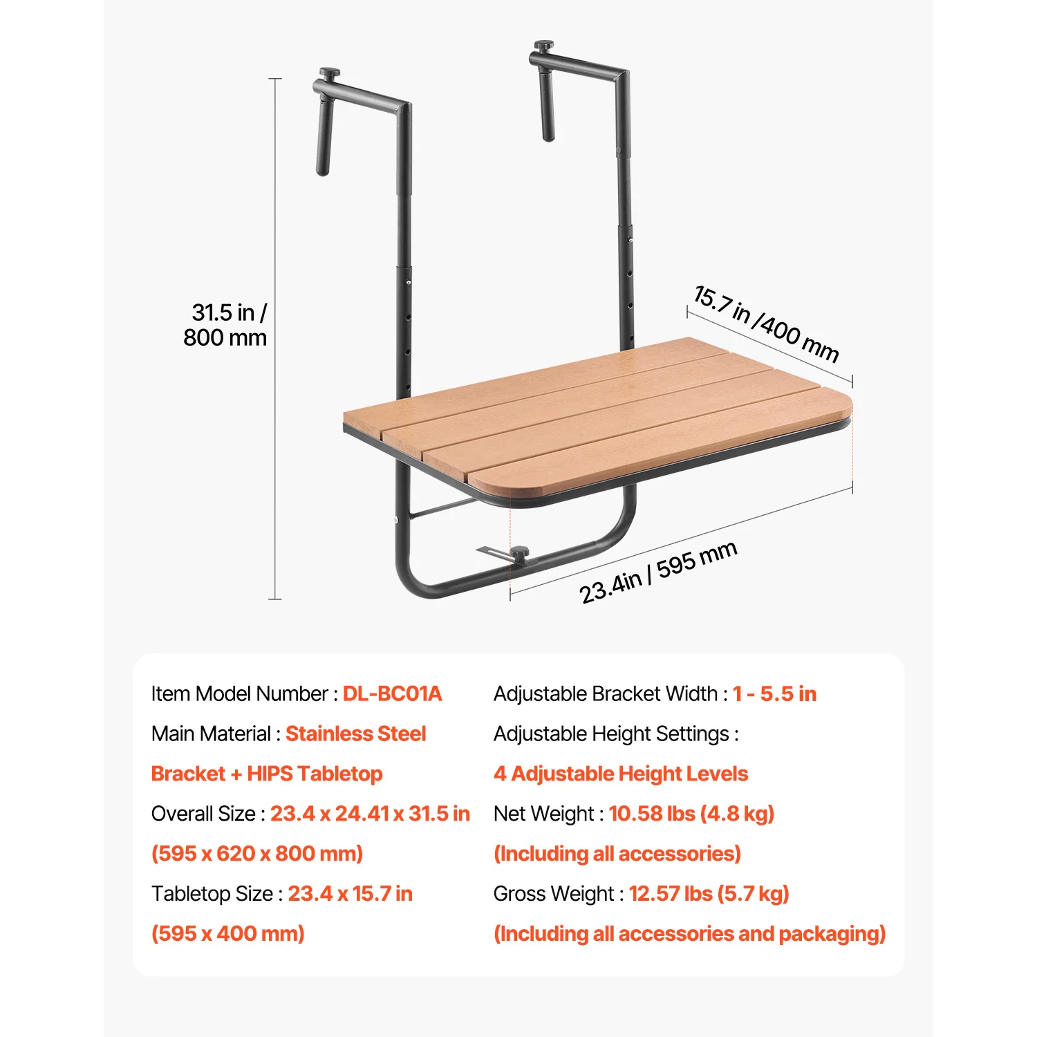 SucceBuy Balkon Hangende Opklapbare Tafel Balkon Leuningtafel Buiten Balkon Bartafel voor Leuningen Serveertafel voor Patio