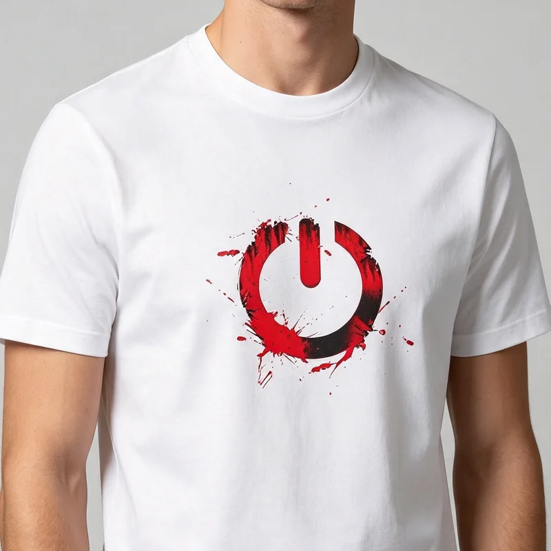 Red Splatter Power Button Symbol Graphic T Shirt Men Gothic Tech Dark Aesthetic Tee Hacker Punk Streetwear Cotton Short Sleeve