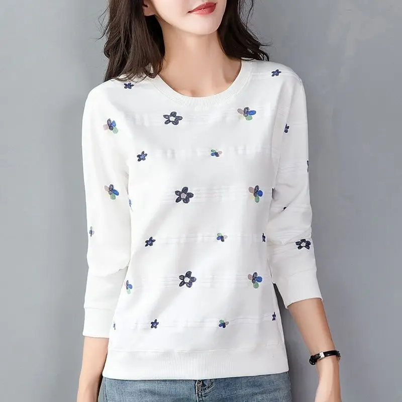 Women Clothing Autumn Korean Fashion Print Simple Casual All Match Sweatshirts Y2K O Neck Long Sleeve Loose Pullover Basic Tops