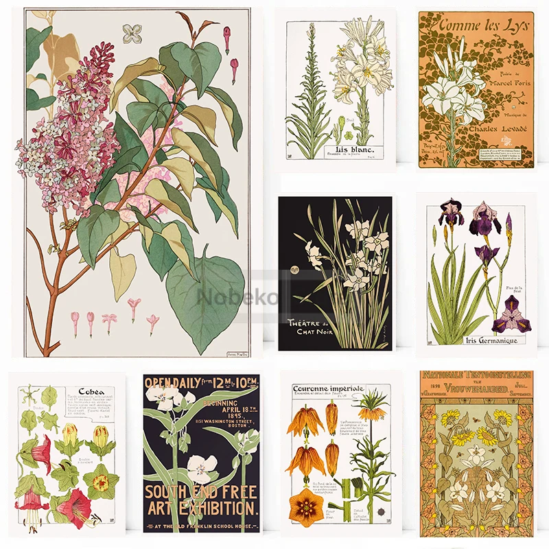 French Art Nouveau Flowers Poster Botanical Illustration Prints Canvas Painting Wall Art Pictures Home Room Vintage Decoration