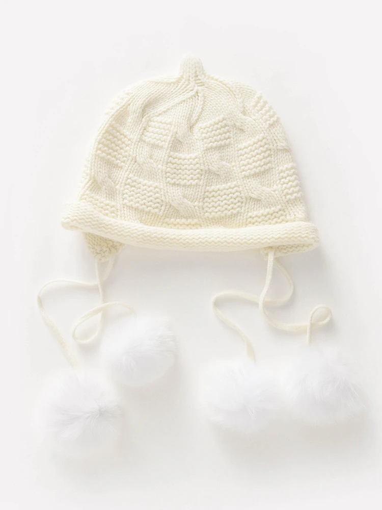 35% Cashmere Blend Knit Beanie Hat with 4 Real Fur Pom Poms, Warm Ear Flap Winter Hat for Women