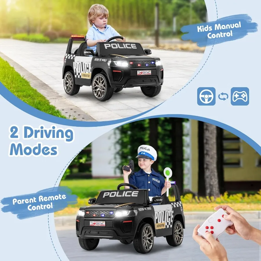 Police Car Ride on 12V Battery Powered Toy Cop Cars w/Remote Control LED Flashing Lights Music Horn Siren Spring Suspension Ele