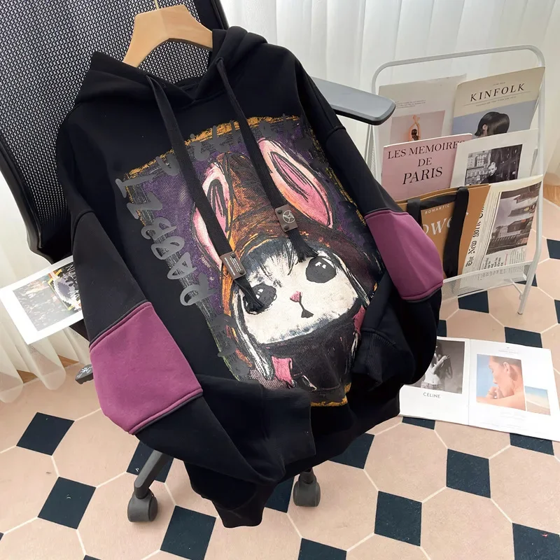 Color cartoon design sweater women\'s autumn 2024 new rabbit ears loose fashion plus size hooded coat casual coat. hoodie bape