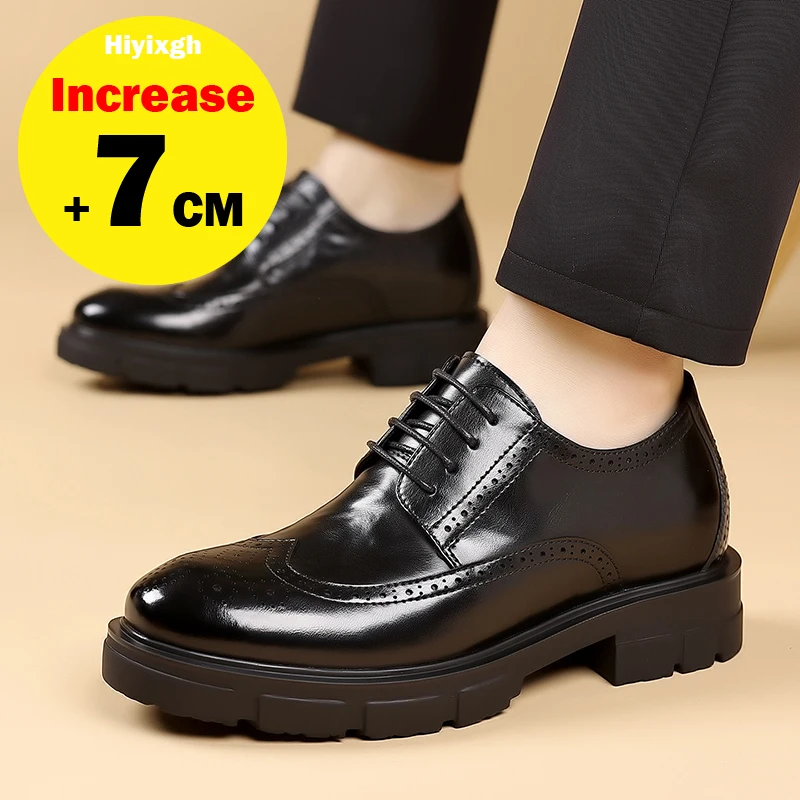 Men's 7cm Elevator Shoes Leather Business Casual Thick Sole British Office Wedding Fashion Gentleman Heightening Shoes