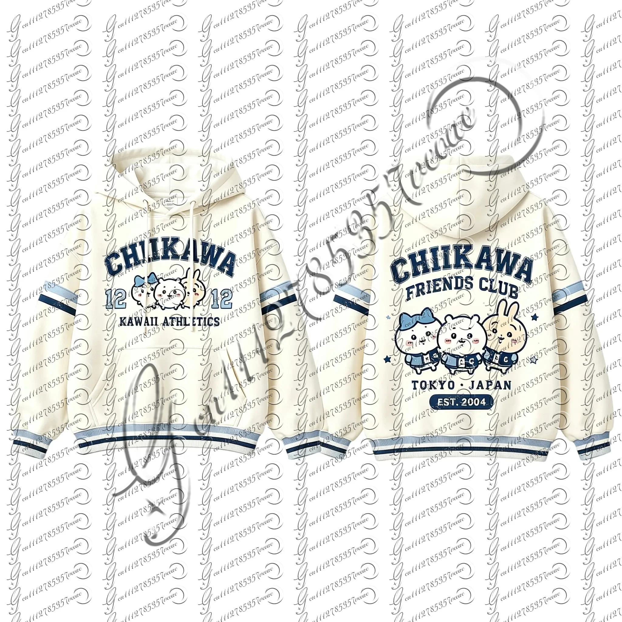 Chiikawa Kawaii Cartoon Hoodie Double Sided Graphic Print Contrast Raglan Sleeve Hooded Sweatshirt Unisex Streetwear Pullover