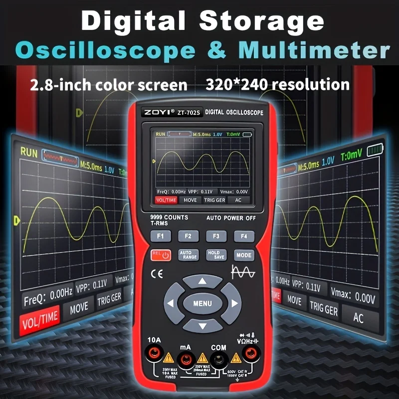 2-in-1 Digital Oscilloscope & Multimeter with True RMS, Transistor Probe, and PC Waveform Storage - 10MHz, 48M/S