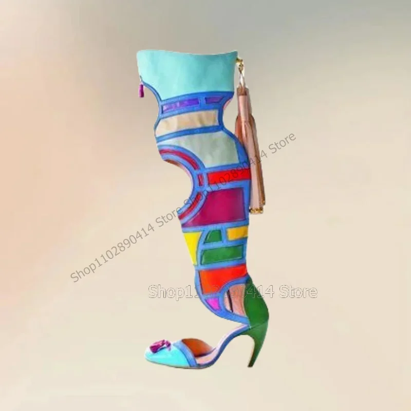 

Mixed Color Hollow Design Tassels Decor Sandals Boots Back Zipper Women Shoes Strange Style Heels Novel 2025 Zapatos Para Mujere