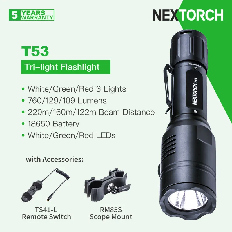 

Nextorch T53 3 LED Source Flashlight,White/Green/Red Lights,Rechargeable 18650 Battery,Remote Switch & Scope Mount,for Hunting