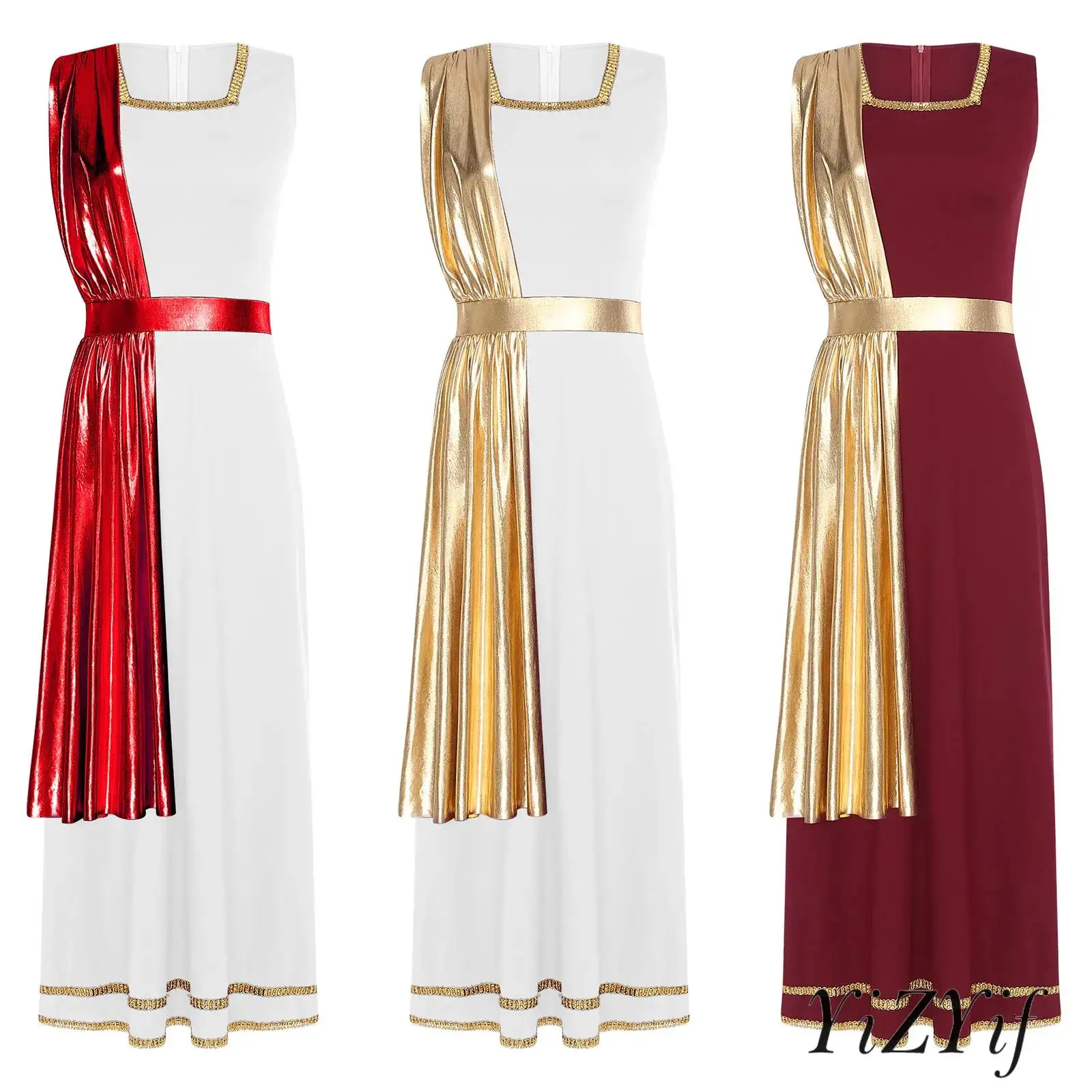

‌Halloween Cosplay‌ Ancient Greek Roman Gold Trim Sleeveless Dress for Womens Spandex Polyester for Stage Performances Events
