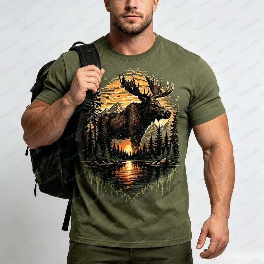 Wildlife Sunset Lake Moose Nature Print Men T-Shirt, Rustic Outdoor Hunting Themed Comfort Fashion Short Sleeve Daily Casual Top