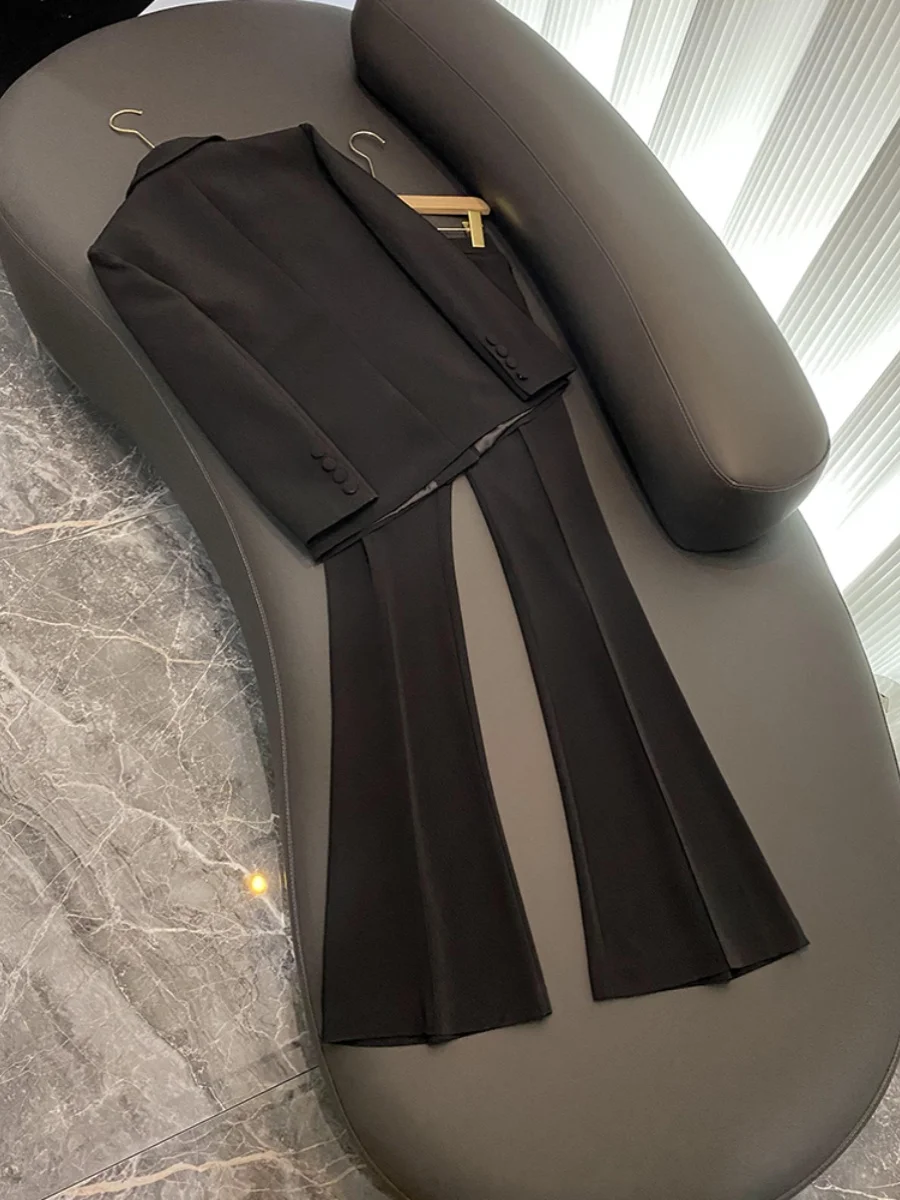 European Stylish Designed Lady Office Basic Solid Suit Fitted Notched Single Button Blazer Flared Pants Women 2Pcs