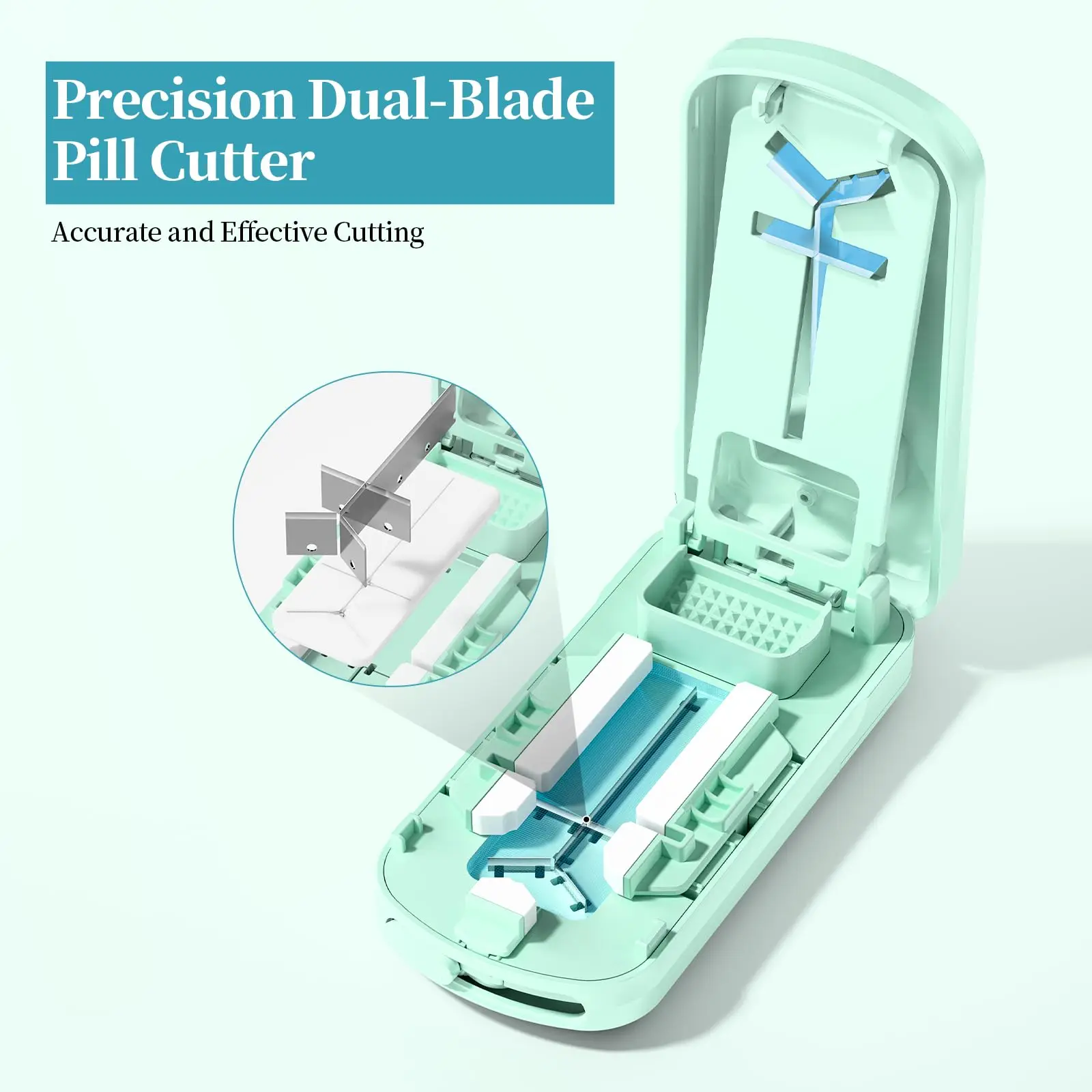 Pill Cutter for Tiny Pills, Dual Blades, Adjustable Slot, Cuts 1/2 1/3 1/4, Built-in Storage, Portable, Senior-Friendly, Green