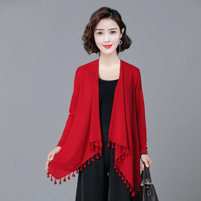 

Mother's Fashion Shawl Spring Autumn Loose Knitted Cardigan Tassel Sweater Coat Middle Aged Women Knitting Cape Jacket Outerwear