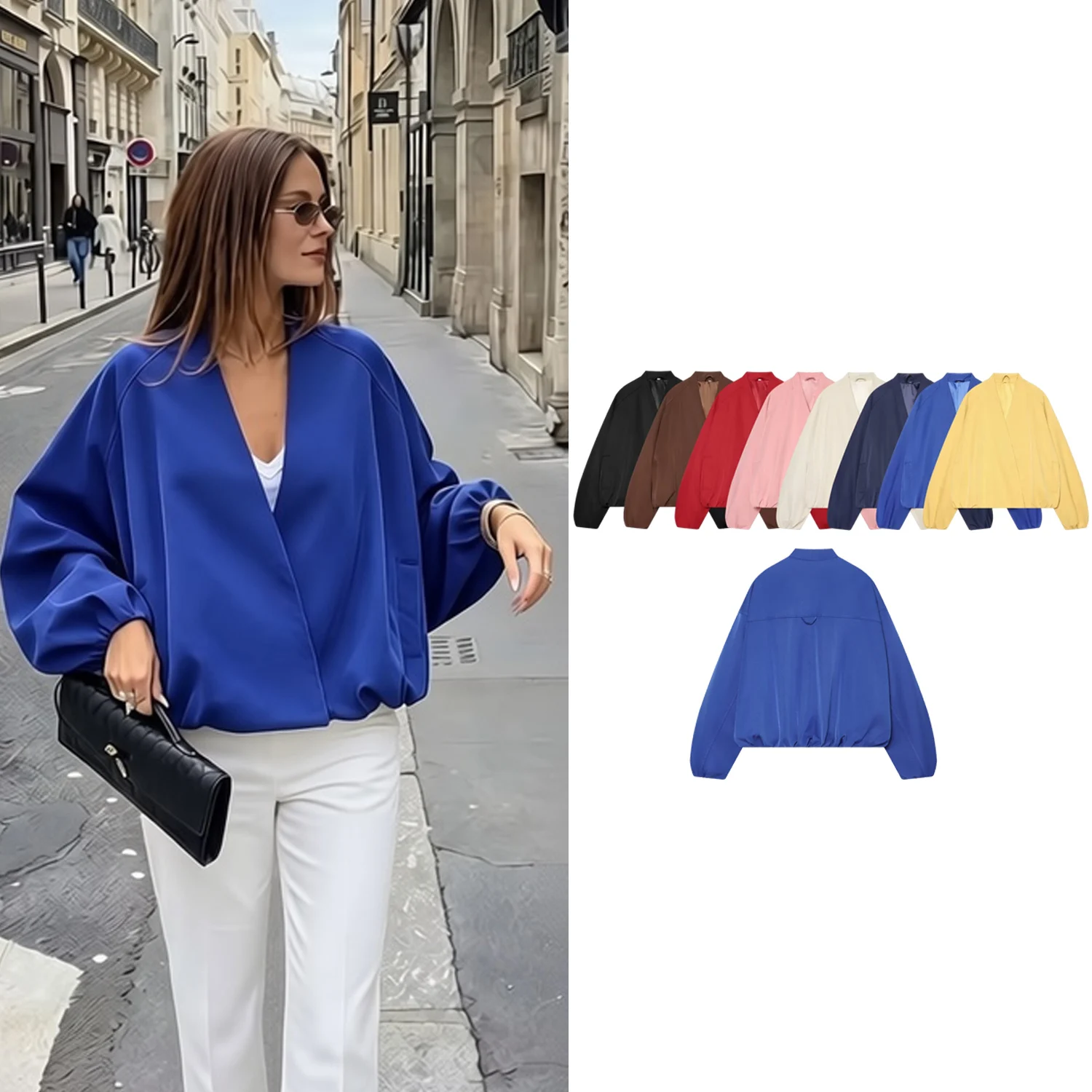 Women Fashion Blue Bomber Jackets Spring Autumn Female V-Neck Loose Short Coats Lady Casual High Streetwear Red Pilot Jackets