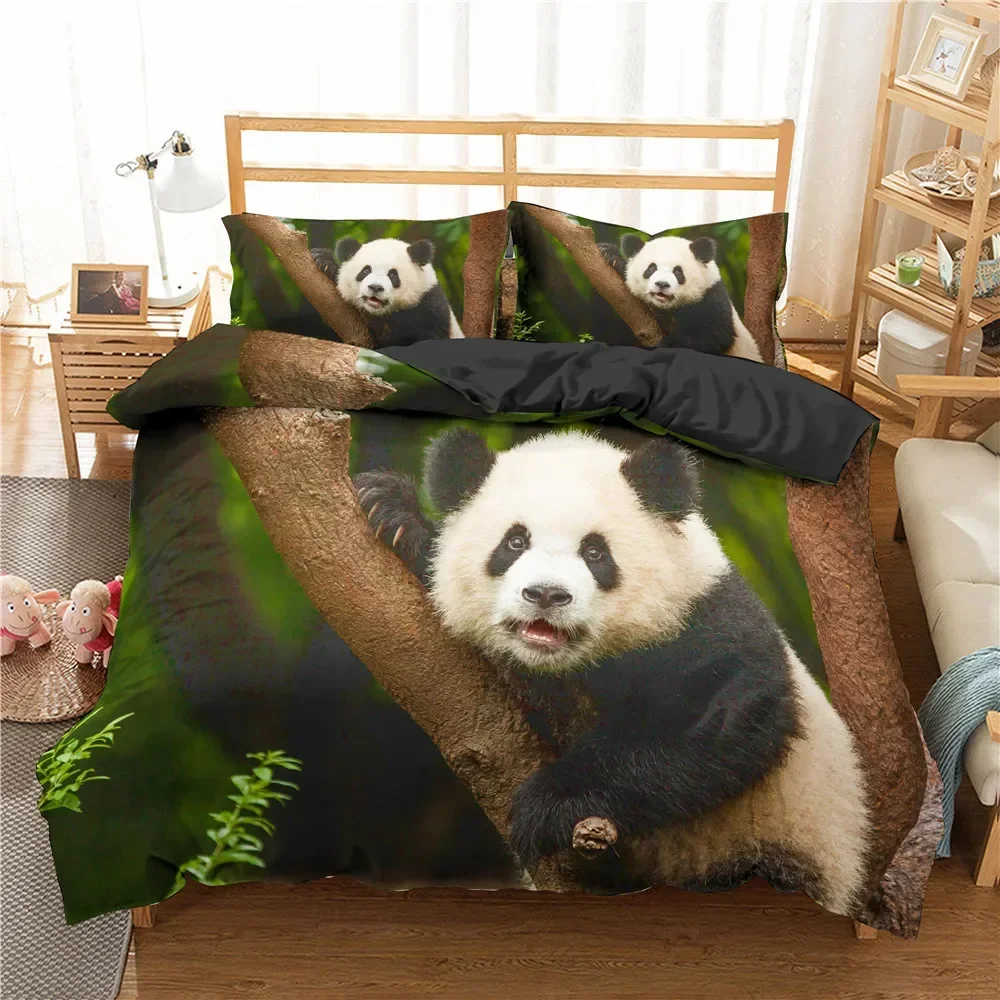 Panda Duvet Cover Set King Queen Cute Animal Different Poses Bamboo Branch Bedding Set Black White 2/3pcs Polyester Quilt Cover