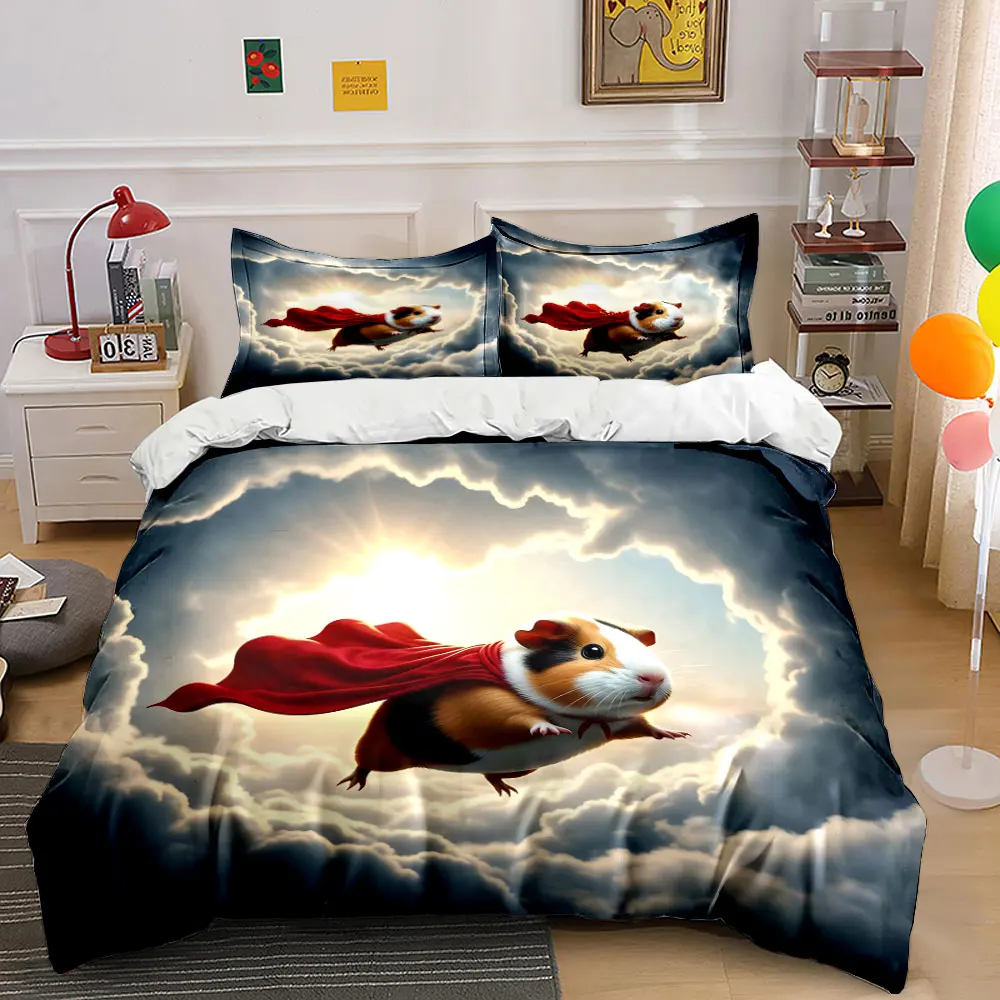 A superhero guinea pig flies through clouds Print Bedding set 3PC 1 duvet cover 2 pillowcases adult and children bedding set