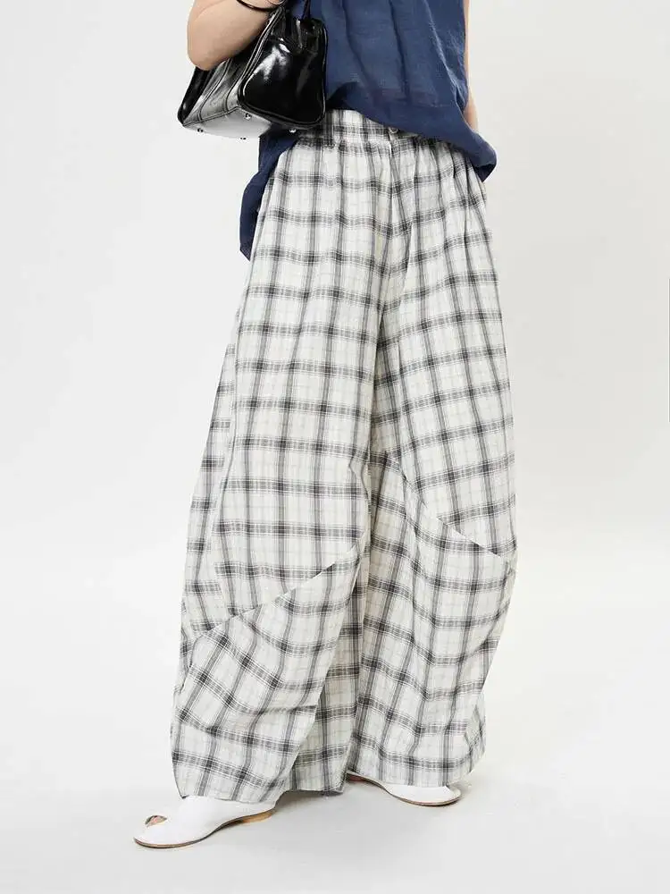 FANAN Vintage Plaid Kontrast Farbe Breite Bein Hosen Für Frauen Elastische Hohe Taille Beiläufige Lose Hosen Mode 2025, Herbst Neue