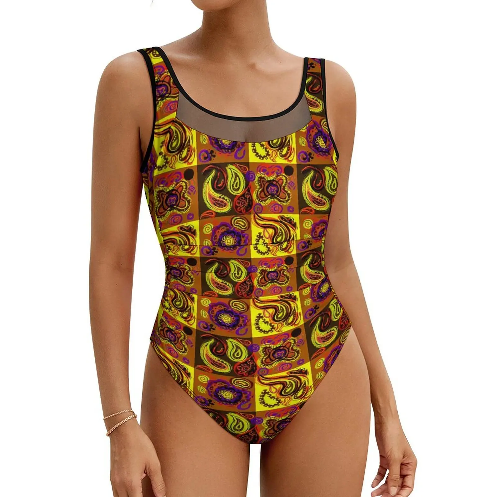 

Patchwork Print Swimsuit Psychedelic Paisley Swimwear One Piece Fitness Swimsuits Hollow Out Bathing Suits Push Up Beach Outfits